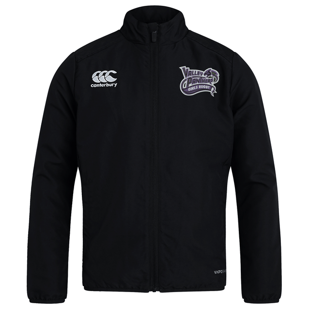 Introducing the Valley Panthers Girls Rugby Club Track Jacket by EMB Canterbury—a black zip-up jacket featuring a Canterbury logo on the right chest and a “Valley of Dan High Girls Rugby” emblem on the left chest. Crafted from lightweight, water-repellent fabric, this track jacket is ideal for staying comfortable and dry in unpredictable weather.