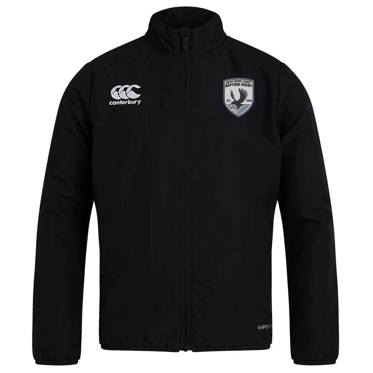 The South Orange County Raptors Club Track Jacket by Canterbury, from EMB Canterbury, is a black lightweight jacket featuring a front zipper, the white Canterbury logo on the right chest, and a bird crest badge on the left chest. Designed with long sleeves and a stand-up collar, it also offers water repellent properties for enhanced practicality.