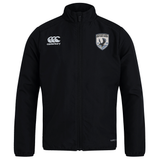 The South Orange County Raptors Club Track Jacket by Canterbury, from EMB Canterbury, is a black lightweight jacket featuring a front zipper, the white Canterbury logo on the right chest, and a bird crest badge on the left chest. Designed with long sleeves and a stand-up collar, it also offers water repellent properties for enhanced practicality.