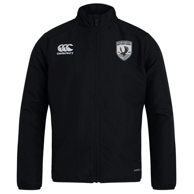 The South Orange County Raptors Club Track Jacket by Canterbury, from EMB Canterbury, is a black lightweight jacket featuring a front zipper, the white Canterbury logo on the right chest, and a bird crest badge on the left chest. Designed with long sleeves and a stand-up collar, it also offers water repellent properties for enhanced practicality.