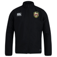 The RVA T.R.C. Club Track Jacket by EMB Canterbury is a black, lightweight jacket featuring a high collar, front zipper, and long sleeves. The RVA team logo appears on the left chest, while the Canterbury logo is on the right chest. This track jacket has no visible pockets.