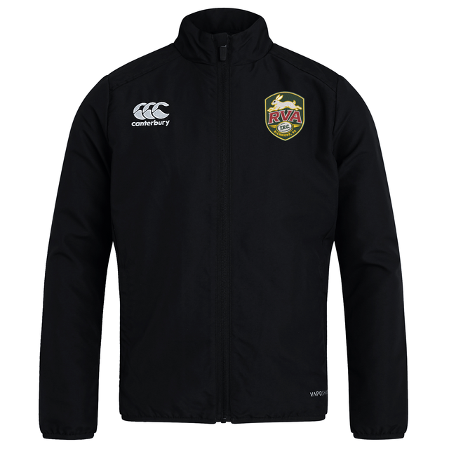 The RVA T.R.C. Club Track Jacket by EMB Canterbury is a black, lightweight jacket featuring a high collar, front zipper, and long sleeves. The RVA team logo appears on the left chest, while the Canterbury logo is on the right chest. This track jacket has no visible pockets.
