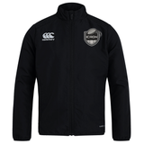 Black lightweight ICRON Club Track Jacket by Canterbury featuring a logo on the right chest and a rugby-themed team crest on the left chest.
