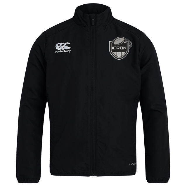Black lightweight ICRON Club Track Jacket by Canterbury featuring a logo on the right chest and a rugby-themed team crest on the left chest.