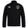 Black lightweight ICRON Club Track Jacket by Canterbury featuring a logo on the right chest and a rugby-themed team crest on the left chest.