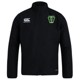 Lightweight, black zip-up Rock Rugby Club Track Jacket by Canterbury featuring a white logo on the right chest and a green and black “Rock Rugby Lions” shield logo on the left chest.