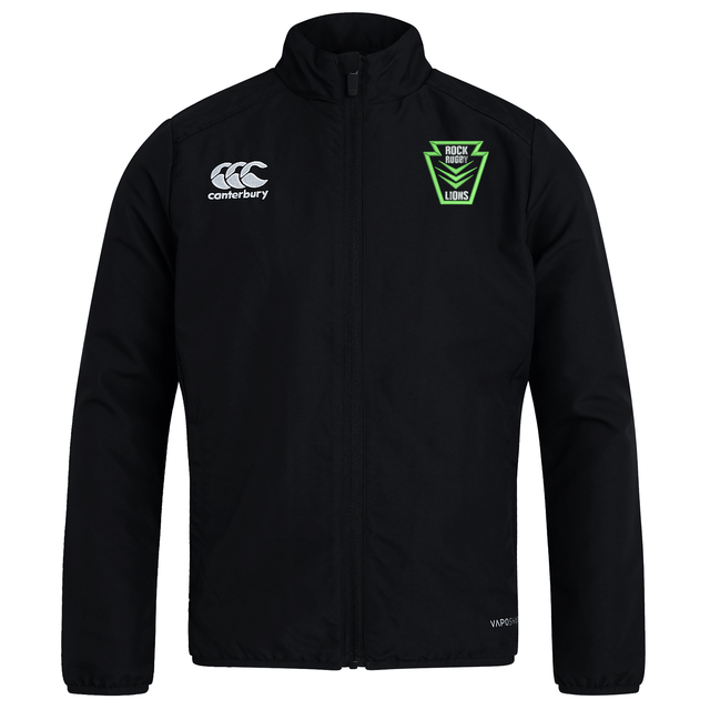 Lightweight, black zip-up Rock Rugby Club Track Jacket by Canterbury featuring a white logo on the right chest and a green and black “Rock Rugby Lions” shield logo on the left chest.