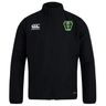 Lightweight, black zip-up Rock Rugby Club Track Jacket by Canterbury featuring a white logo on the right chest and a green and black “Rock Rugby Lions” shield logo on the left chest.