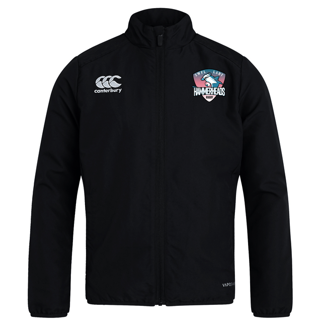 The SWFL Lady Hammerheads Club Track Jacket by WRS Canterbury is a black, lightweight, water-repellent zip-up jacket featuring the Canterbury logo on the right chest and the Hammerheads team logo on the left chest.