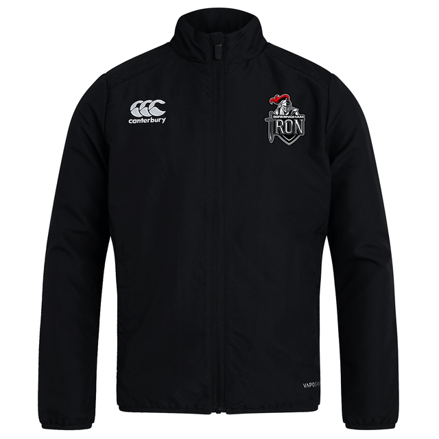 The Birmingham Iron Women's Football Club Track Jacket by EMB Canterbury is a lightweight black jacket with "Canterbury" and "IRON" logos on the chest, shown against a white background.