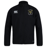 The Hornets Rugby Club 1977 Club Track Jacket by EMB Canterbury is a black lightweight zip-up jacket, featuring an embroidered Hornets club logo on the left chest and the Canterbury logo on the right chest—perfect as a stylish club track jacket.