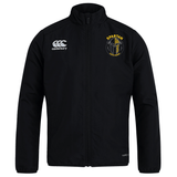 The Spartan Youth Rugby Club Track Jacket by EMB Canterbury features a zip front, white Canterbury logo, yellow Spartan emblem, and water repellent finish for comfort in any weather.