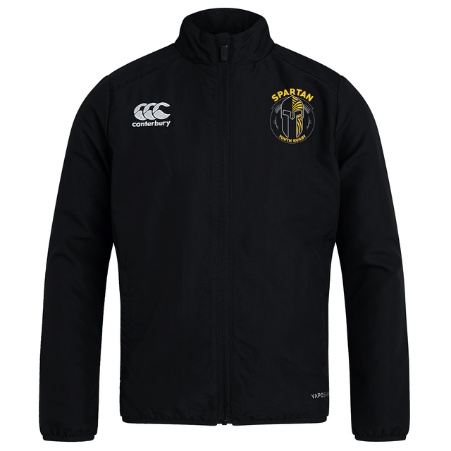 The Spartan Youth Rugby Club Track Jacket by EMB Canterbury features a zip front, white Canterbury logo, yellow Spartan emblem, and water repellent finish for comfort in any weather.