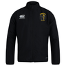 The Spartan Youth Rugby Club Track Jacket by EMB Canterbury features a zip front, white Canterbury logo, yellow Spartan emblem, and water repellent finish for comfort in any weather.