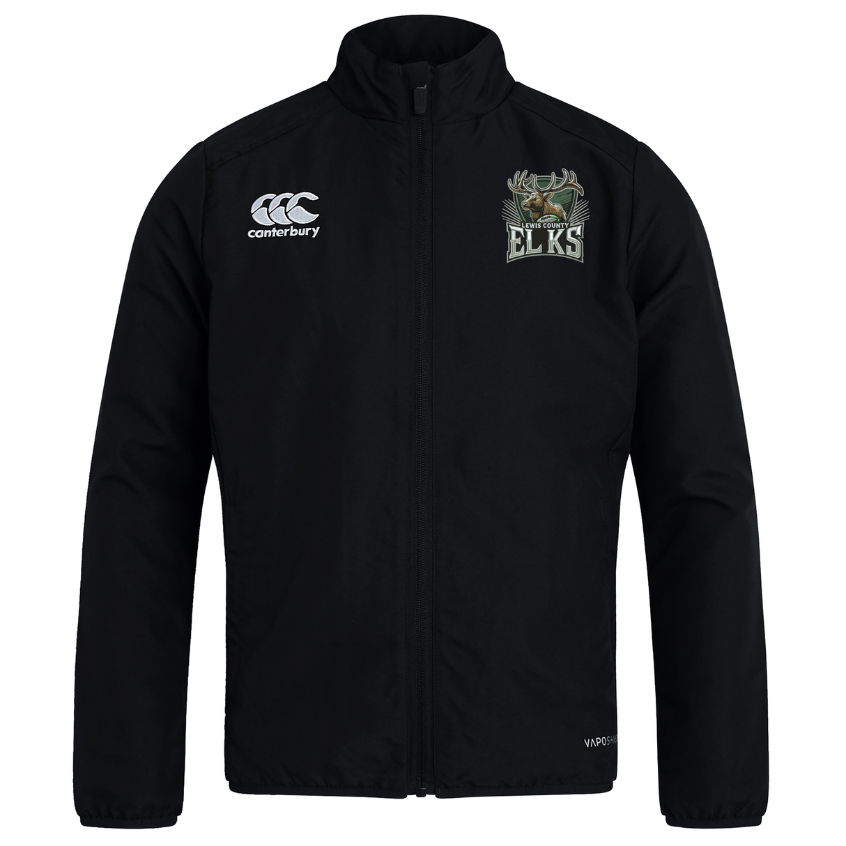 The Lewis County Elks Club Track Jacket by Canterbury features a zip front, the ELKS logo on the left chest, and the Canterbury logo on the right chest. This lightweight black jacket from EMB Canterbury is perfect for staying comfortable and stylish on the go.