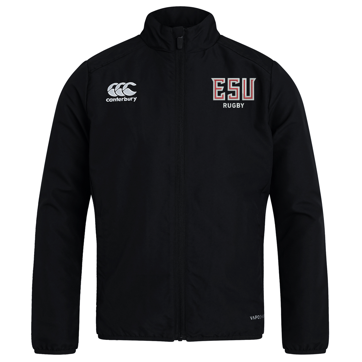 The East Stroudsburg University Club Track Jacket by Canterbury features "ESU RUGBY" embroidered on the left chest and the Canterbury logo on the right. This lightweight EMB Canterbury jacket keeps you comfortable and stylish on or off the field.