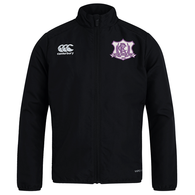 Black Western Carolina University Club Track Jacket by Canterbury featuring a white logo on the right chest and a purple and white Western Carolina Rugby emblem on the left chest.