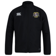 The Winchester Cannons Club Track Jacket by EMB Canterbury is black with a zip front, features a white Canterbury logo on the right chest, a colored crest logo on the left, and is made from lightweight, water-repellent material.