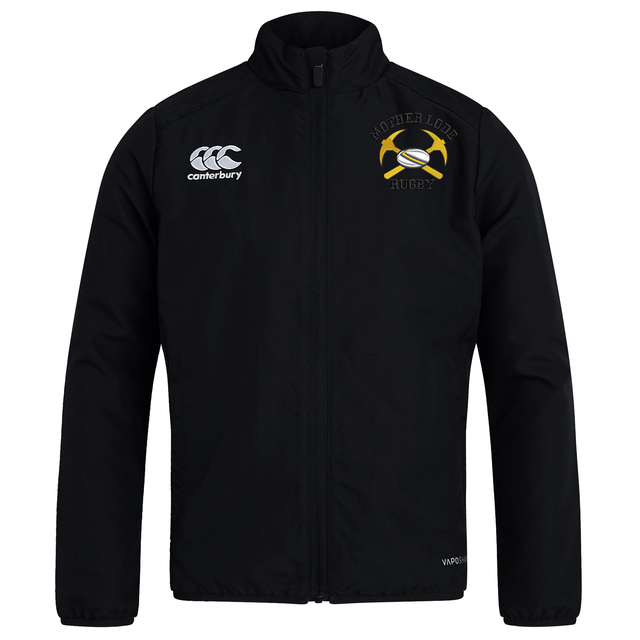Mother Lode Club Track Jacket by Canterbury in black, featuring a white logo on the right chest and a yellow and black “Mother Lode Rugby” emblem on the left.