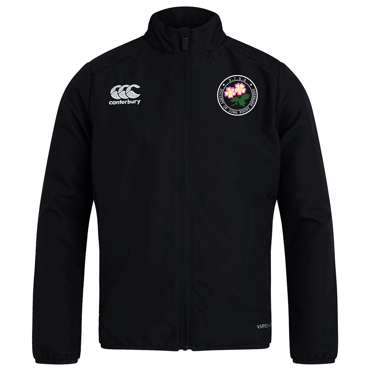The Society of Iowa Rugby Referees Club Track Jacket by Canterbury features a sleek black design with the white EMB Canterbury logo on the right chest and a distinctive circular badge adorned with pink flowers and green leaves on the left chest. This lightweight jacket seamlessly blends style and comfort, making it an essential piece for any men’s tracksuit collection.