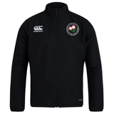 The Society of Iowa Rugby Referees Club Track Jacket by Canterbury features a sleek black design with the white EMB Canterbury logo on the right chest and a distinctive circular badge adorned with pink flowers and green leaves on the left chest. This lightweight jacket seamlessly blends style and comfort, making it an essential piece for any men’s tracksuit collection.