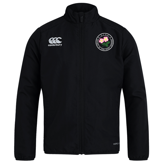 The Society of Iowa Rugby Referees Club Track Jacket by Canterbury features a sleek black design with the white EMB Canterbury logo on the right chest and a distinctive circular badge adorned with pink flowers and green leaves on the left chest. This lightweight jacket seamlessly blends style and comfort, making it an essential piece for any men’s tracksuit collection.