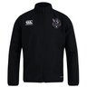 The Cypress Warriors Men's Rugby Club Track Jacket by Canterbury features a high collar, black design, white Canterbury logo on the right chest, and a purple and white team crest on the left. Lightweight and perfect for comfort on the go.