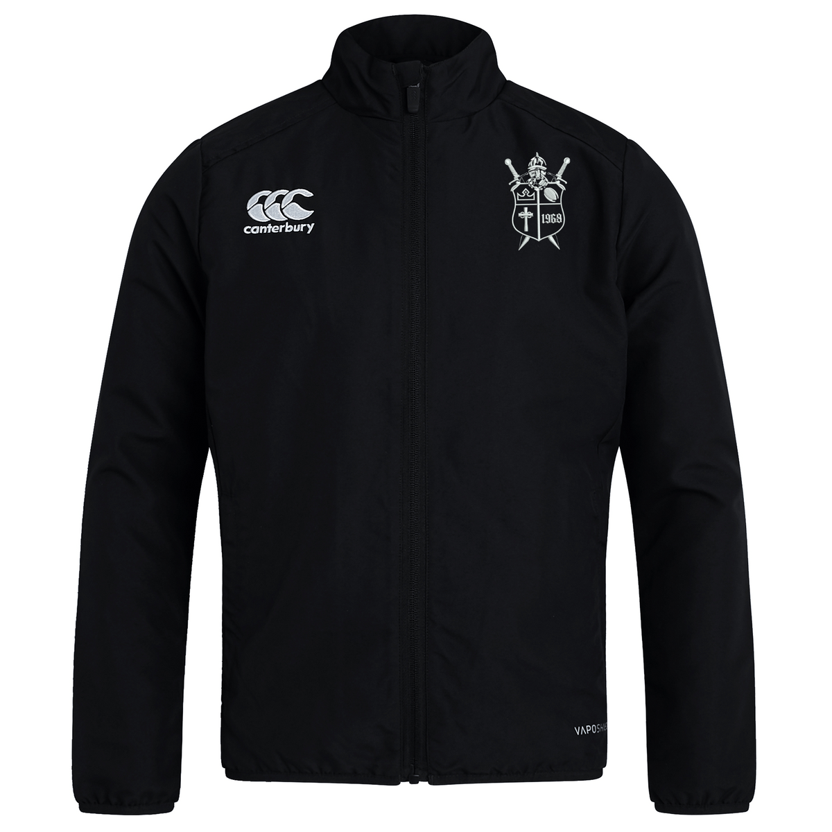 Black lightweight men’s Cal Lutheran University Club Track Jacket by Canterbury featuring a white brand logo on the right chest and a white university crest on the left chest.