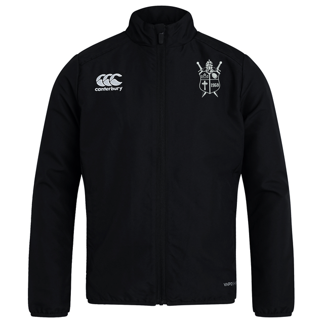 Black lightweight men’s Cal Lutheran University Club Track Jacket by Canterbury featuring a white brand logo on the right chest and a white university crest on the left chest.