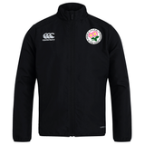 Here’s your rewritten sentence using the given product data: The Society of Iowa Rugby Referees Club Track Jacket by EMB Canterbury is a black zip-up lightweight track jacket featuring the Canterbury logo on the right chest and a circular patch with a pink flower and green leaves on the left chest.