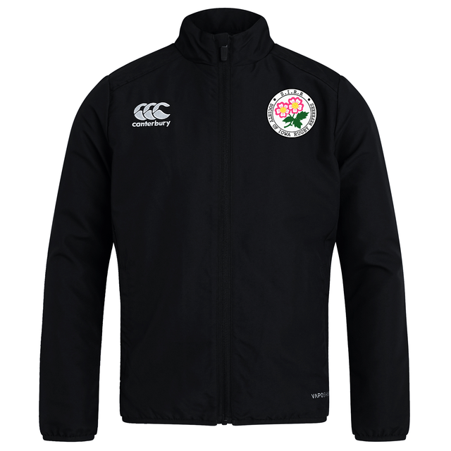 Here’s your rewritten sentence using the given product data: The Society of Iowa Rugby Referees Club Track Jacket by EMB Canterbury is a black zip-up lightweight track jacket featuring the Canterbury logo on the right chest and a circular patch with a pink flower and green leaves on the left chest.