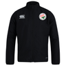 Here’s your rewritten sentence using the given product data: The Society of Iowa Rugby Referees Club Track Jacket by EMB Canterbury is a black zip-up lightweight track jacket featuring the Canterbury logo on the right chest and a circular patch with a pink flower and green leaves on the left chest.