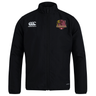 Certainly! Here’s a rewritten version of your sentence using the provided product data: The Godzilla Rugby Football Club Club Track Jacket by EMB Canterbury features a black zip-up design with the Canterbury logo on the right chest and a maroon and yellow “CORDILLERA” emblem on the left. This lightweight, water-repellent jacket is perfect for all weather conditions.