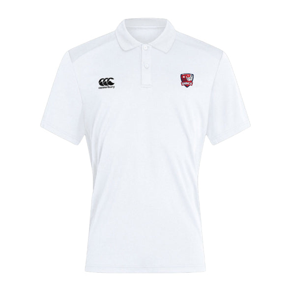 The Marysville Rhinos Waimak Polo by EMB Canterbury combines cotton and polyester, with a small logo on the left chest and the Canterbury emblem on the right.
