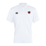 The Southern Pines Youth Rugby Club Dry Polo by Canterbury is a white polo shirt with Vapodri Technology, a collar, and logos on the left chest and right shoulder, offering breathability.