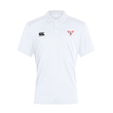 The EMB Canterbury Superior Rugby Club Club Dry Polo is a white short-sleeve polo with Vapodri technology, featuring the Canterbury logo on the right chest and a red and white sports team logo on the left chest.