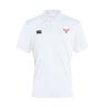The EMB Canterbury Superior Rugby Club Club Dry Polo is a white short-sleeve polo with Vapodri technology, featuring the Canterbury logo on the right chest and a red and white sports team logo on the left chest.