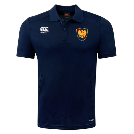 Navy blue breathable Cincinnati Classical Academy Club Dry polo shirt with a gold eagle crest on the left chest and a white EMB Canterbury logo on the right chest.