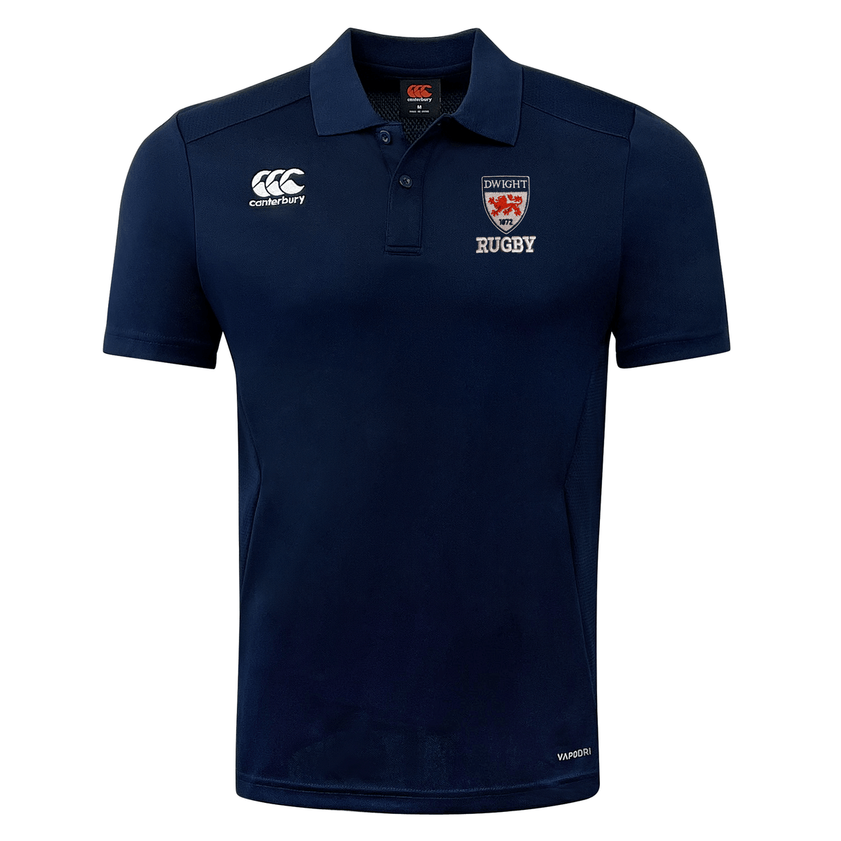 Navy blue Dwight Rugby Club Dry Polo shirt by EMB Canterbury with canterbury logo on the right chest and an "England Rugby" emblem on the left, featuring Vapodri Technology.
