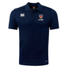 Navy blue Dwight Rugby Club Dry Polo shirt by EMB Canterbury with canterbury logo on the right chest and an "England Rugby" emblem on the left, featuring Vapodri Technology.