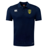 A navy blue Gotham Knights Club Dry Polo shirt by EMB Canterbury, featuring short sleeves, a yellow and black shield emblem on the left chest, and white logos on the right chest and sleeve. The shirt integrates Vapodri Technology to ensure breathability for ultimate comfort.