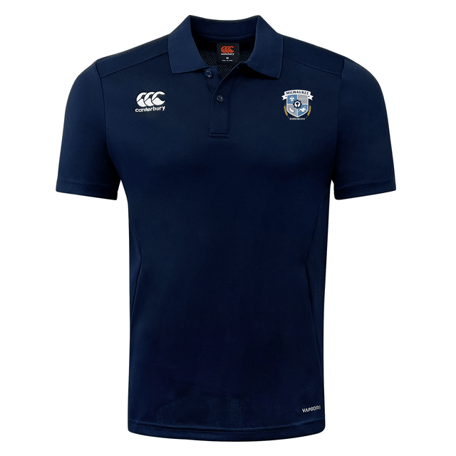 The Milwaukee Barbarians Rugby Club Dry Polo by EMB Canterbury features navy blue short sleeves, a collar with button placket, Canterbury logo, club crest, and breathable Vapodri tech to keep you cool and comfortable.