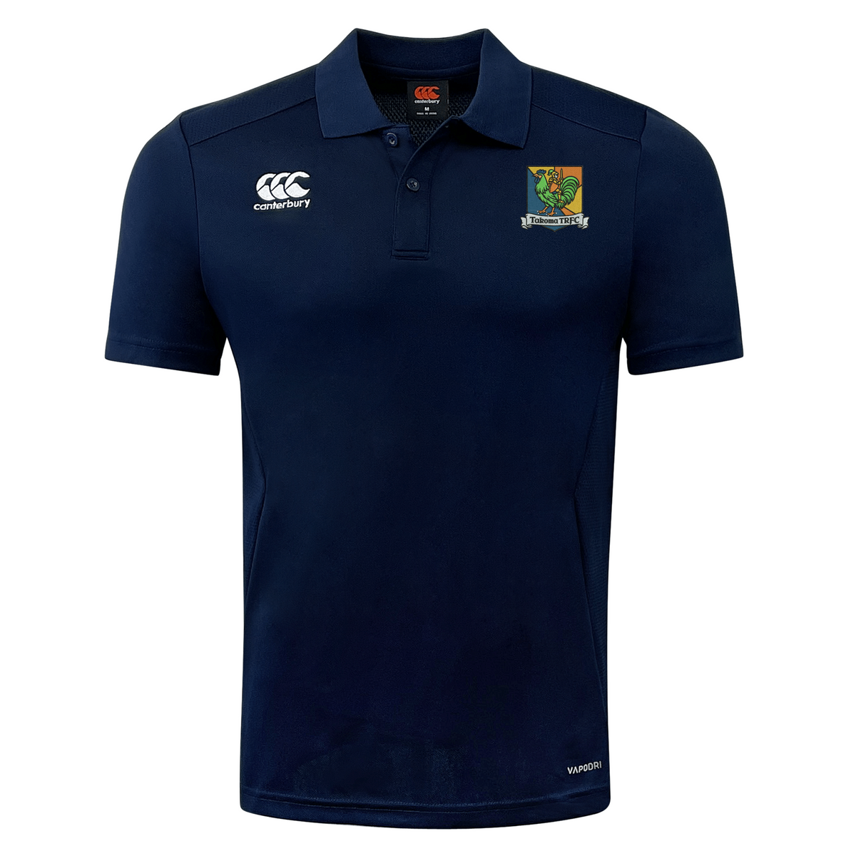 Navy blue short-sleeved Takoma Touch Rugby Club Dry Polo by Canterbury with a rugby club crest on the left chest and a logo on the right chest.