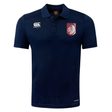 The Montgomery Bucks Griffins Club Dry Polo by EMB Canterbury is a navy short-sleeve polo with a red and white lion crest, Vapodri tech for breathability, and Canterbury logos on the right chest and lower left side.