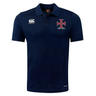The SF CDME Rugby Club Dry Polo by Canterbury is a navy blue short-sleeve polo featuring a collar and Vapodri Technology for superior comfort and moisture management. Designed for breathability, this EMB Canterbury shirt displays the Canterbury logo on the right chest and a cross emblem with "CDME RUGBY" on the left chest.