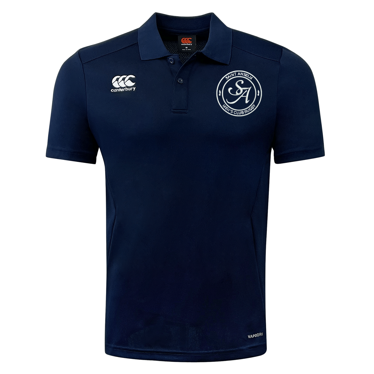 The Saint Anselm College Club Rugby Club Dry Polo by EMB Canterbury is a navy blue short-sleeve polo with Vapodri Technology, a white embroidered logo on the left chest, and two white brand logos on the chest and right sleeve.