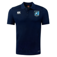 The Minneapolis Mayhem Rugby Club Dry Polo by Canterbury, from EMB Canterbury, is a navy blue short-sleeve polo featuring Vapodri Technology for enhanced comfort. It displays two white logos on the chest and a distinctive blue-and-white Minneapolis Mayhem badge on the left side, making it an ideal breathable option for active wear.