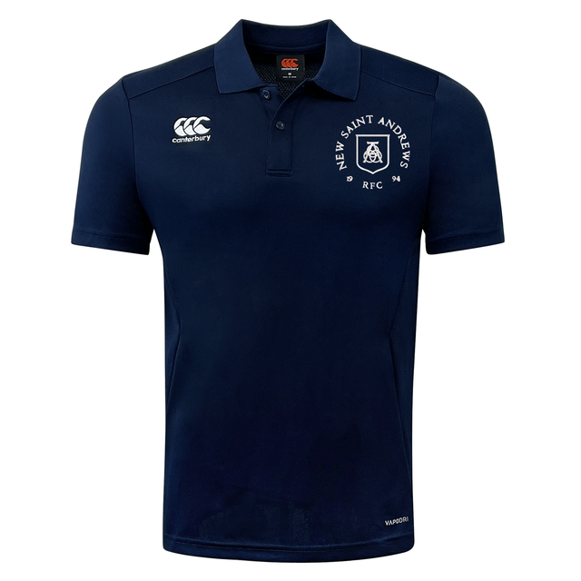 Introducing the New Saint Andrews College Club Dry Polo by EMB Canterbury—a navy blue polo shirt featuring a white “New Saint Andrews RFC” crest and Canterbury logo on the chest. This collared, short-sleeve shirt is crafted with Vapodri technology for breathability, helping you stay cool and comfortable all day.