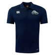 Navy short-sleeved University of New Hampshire Club Dry Polo by Canterbury with a white logo on the right chest and a University of New Hampshire Men’s Rugby emblem on the left.