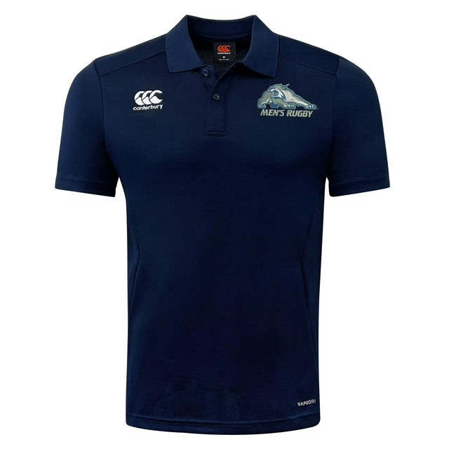 Navy short-sleeved University of New Hampshire Club Dry Polo by Canterbury with a white logo on the right chest and a University of New Hampshire Men’s Rugby emblem on the left.